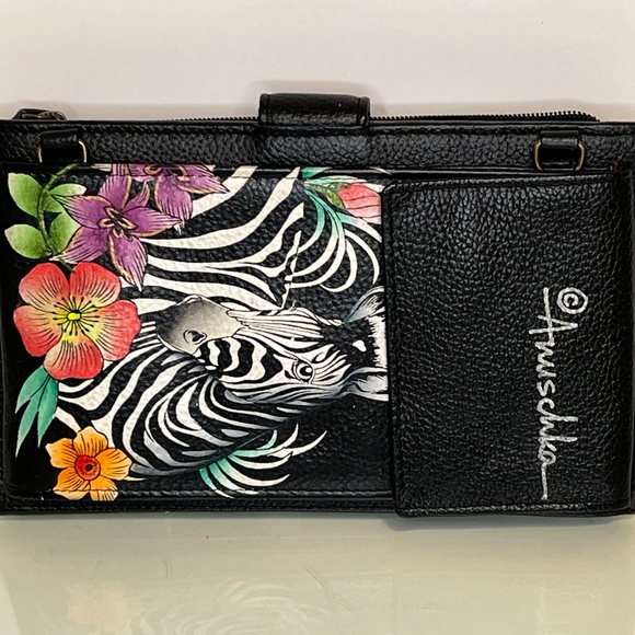 Anuschka Zebra Wallet Black Leather Floral Clutch Wallet NWOT Hand Painted - Picture 4 of 16